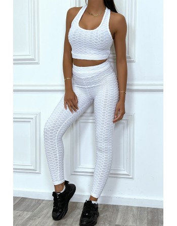 Ensemble fitness push-up blanc composé de 3 pièces : legging, crop top et mini veste - 2
