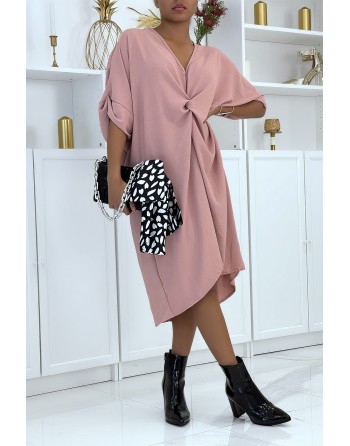 Longue robe tunique rose over-size croisé devant - 4