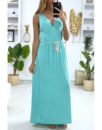 Longue robe croisé en turquoise avec ceinture en cordon - 1