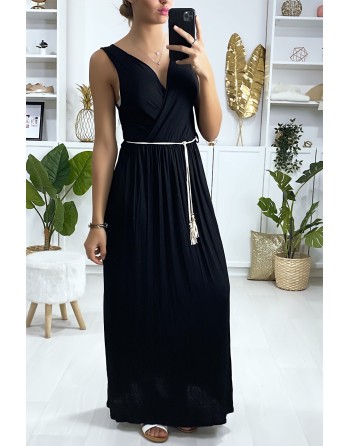 Longue robe croisé noir avec ceinture en cordon - 2
