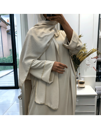 Robe abaya couleur beige avec foulard  intégré  - 1