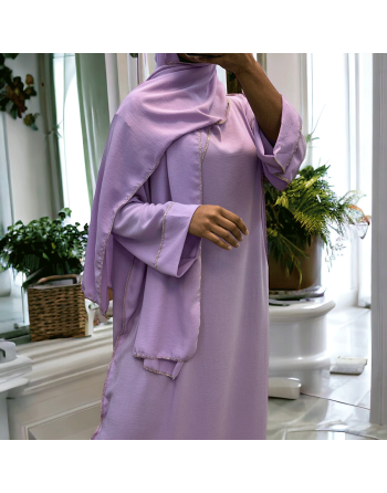 Robe abaya couleur lilas avec foulard  intégré  - 1