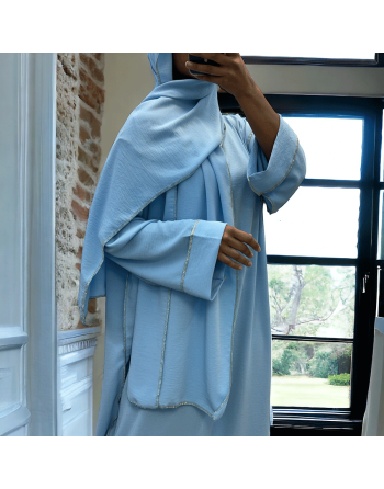 Robe abaya couleur bleu ciel avec foulard  intégré  - 1