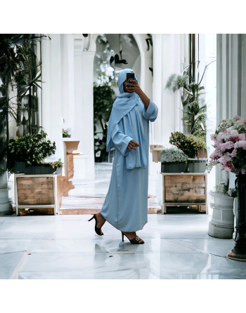 Robe abaya couleur bleu ciel avec foulard  intégré  - 2