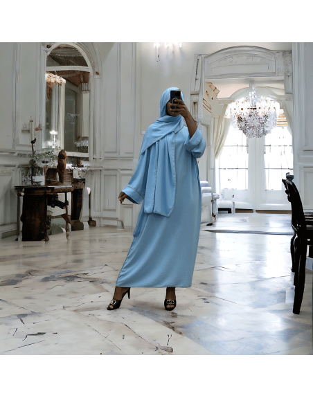 Robe abaya couleur bleu ciel avec foulard  intégré  - 3