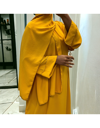 Robe abaya couleur moutarde avec foulard  intégré  - 1
