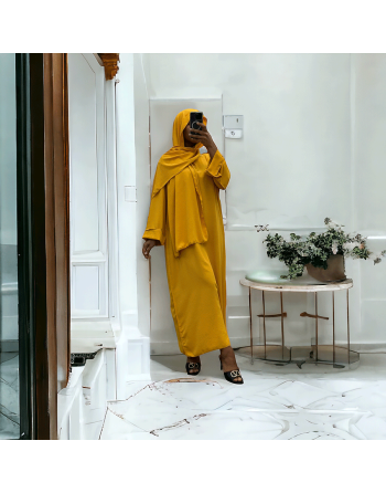 Robe abaya couleur moutarde avec foulard  intégré  - 4