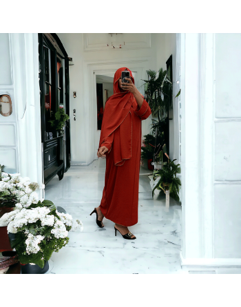 Robe abaya couleur cognac avec foulard  intégré  - 2