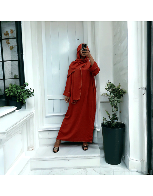 Robe abaya couleur cognac avec foulard  intégré  - 3