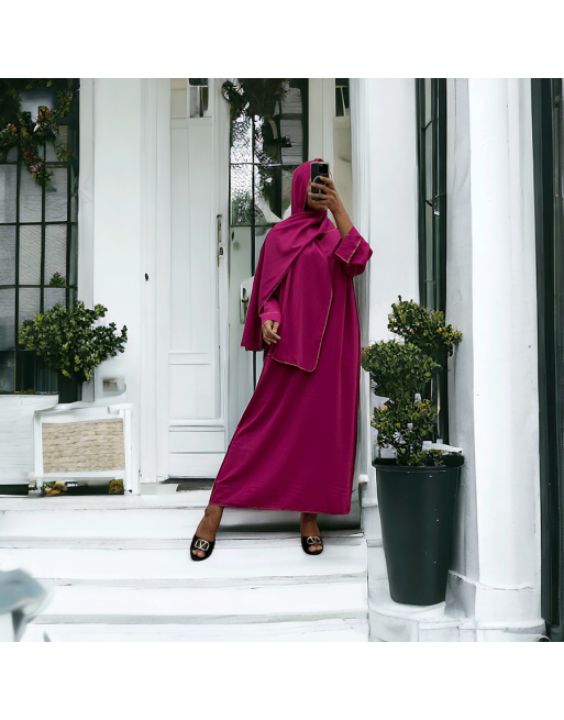 Robe abaya couleur fuchsia en soie de medine avec foulard  intégré  - 4