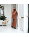 Robe abaya couleur saumon en soie de medine avec foulard  intégré  - 2