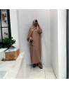 Robe abaya couleur rose en soie de medine avec foulard  intégré  - 2