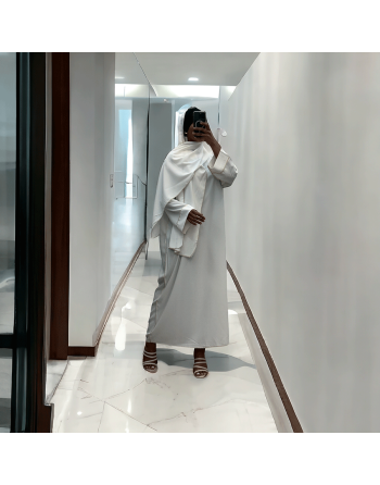 Robe abaya couleur blanche en soie de medine avec foulard  intégré  - 3