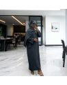 Robe abaya couleur anthracite en soie de medine avec foulard  intégré  - 2