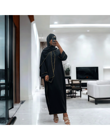 Robe abaya couleur noir en soie de medine avec foulard  intégré  - 2