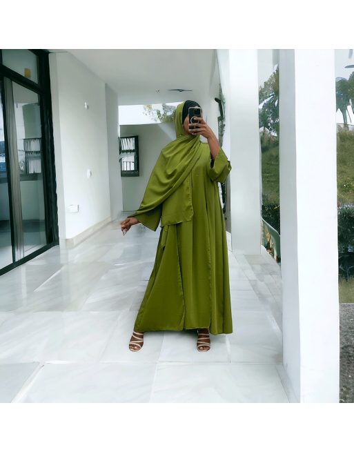 Robe abaya couleur pistache deux pièces avec foulard  - 4