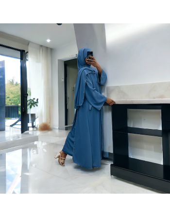 Robe abaya couleur indigo deux pièces avec foulard  - 2