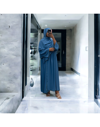 Robe abaya couleur indigo deux pièces avec foulard  - 3