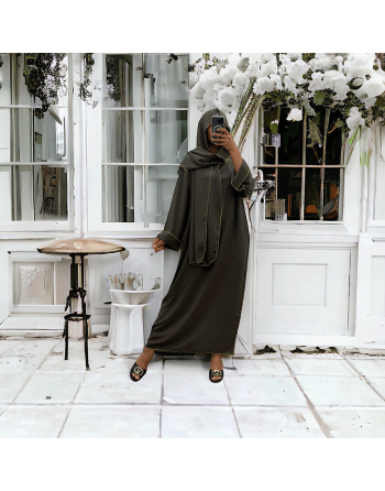 Robe abaya couleur marron avec foulard  intégré  - 1